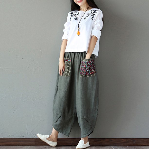 Mujeres de la vendimia de empalme étnico pantalones harén cintura elástica pantalones de pierna anch Tomshoo Verde/L