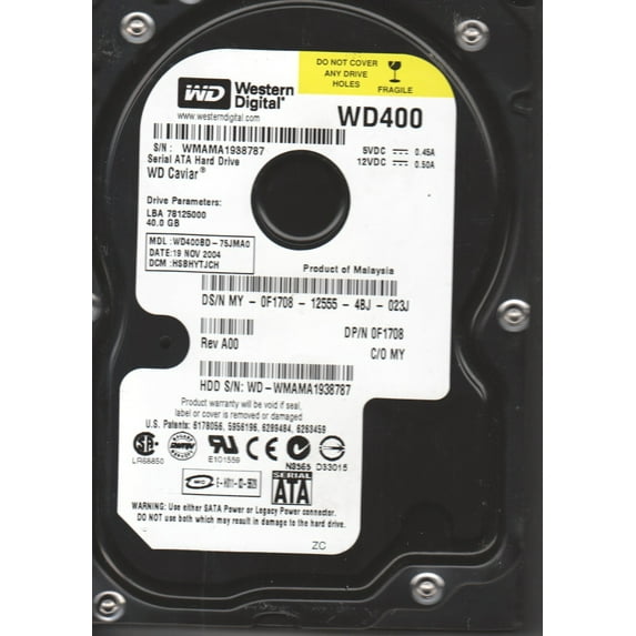 WD400BD-75JMA0, DCM HSBHYTJCH, Western Digital 40GB SATA 3.5 Hard Drive