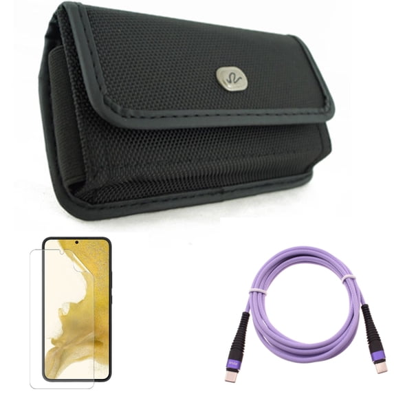 Purple 6ft PD Cable & Matte Screen Protector & Case Belt Clip for Samsung Galaxy S22 (6.1") - Type-C to USB-C Long Charger Cord & TPU Film Anti-Glare & Rugged Holster Accessory Bundle