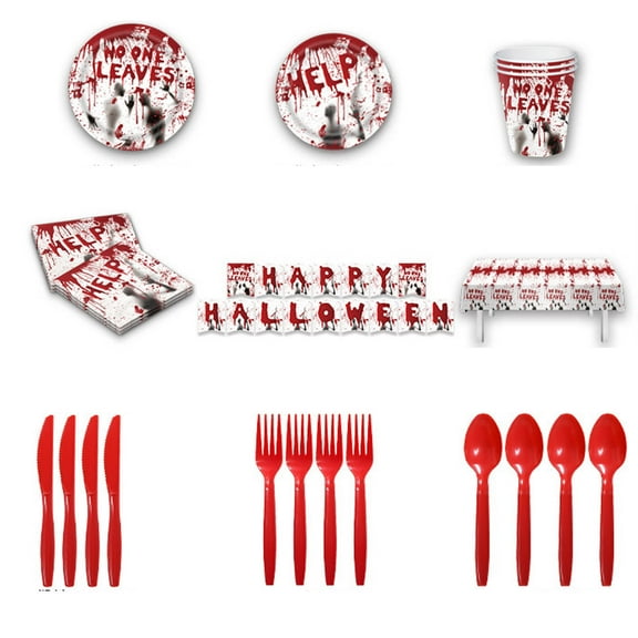 Halloween Party Decorations Include Bloody Tablecloth, Banner, Paper Plates, Cups, Napkins, Cutlery, Horror Halloween Party Supplies Tableware Serves 16 Guests