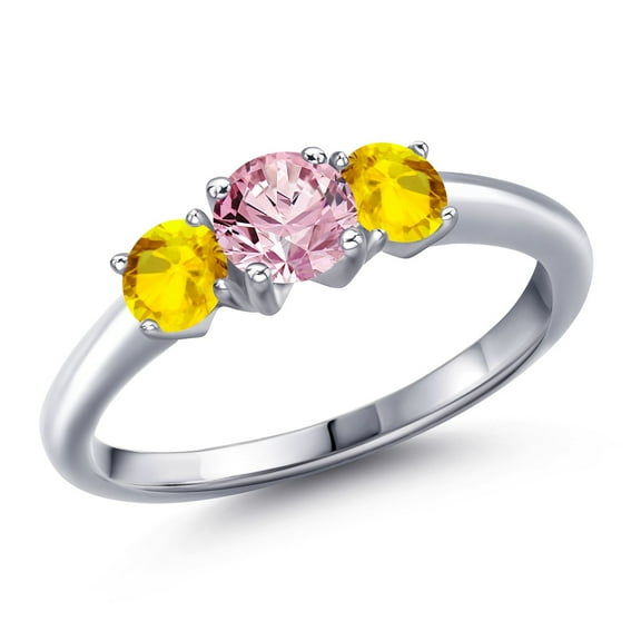 Gem Stone King 925 Sterling Silver Pink Lab Grown Diamond and Yellow Sapphire Engagement Ring for Women | 1.22 Cttw | Round 5MM | Gemstone April Birthstone | Size 9