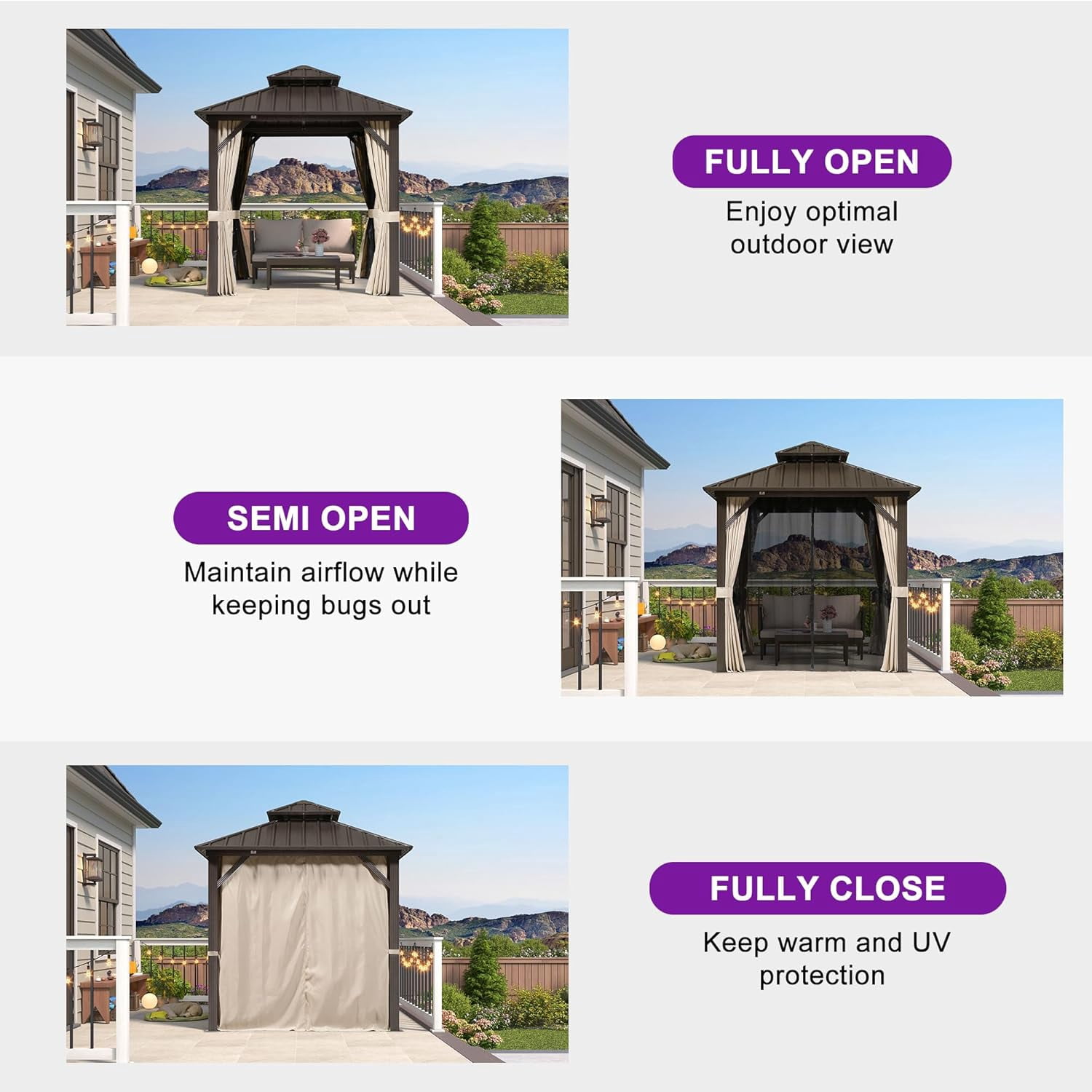 PURPLE LEAF 8’ X 8’ Outdoor Patio Hardtop Gazebo Metal Frame Galvanized Steel Double Roof with Curtains and Nettings for Backyard Desk Bronze