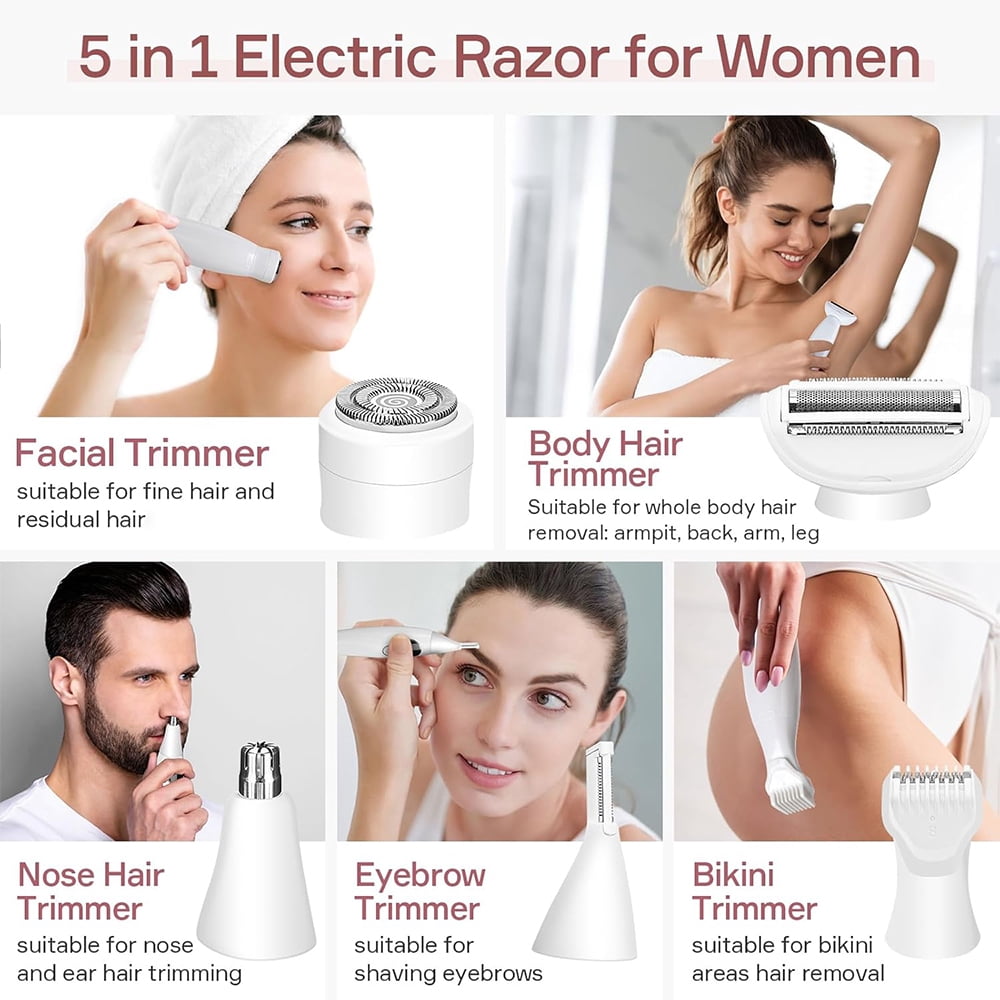 5 in 1 Bikini Trimmer for Women Electric Razors for Face Eyebrows Body Bikini Zone with Charging Station USB Rechargeable