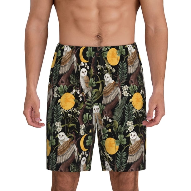 Balery Owls And Plants Pantalones cortos de pijama de punto de algodón para hombre con cinturilla y bolsillos-Large