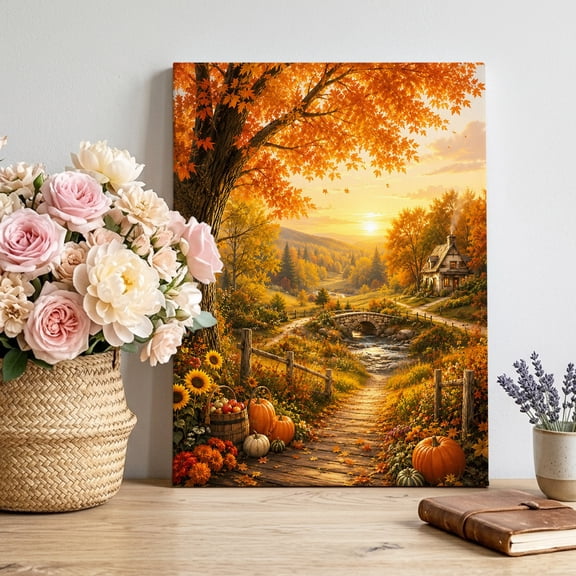Canvas Wall Art Fall Landscape Canvas Art Print Orange Gold Maple Leaf Pumpkins Tree Rustic Countryside Wall Decor for Living Room Bedroom Artwork Decorations Stretched Framed Ready to Hang 8"x12"