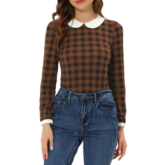 INSPIRE CHIC Chemise à Manches Longues Contrastées pour Femmes Peter Pan m Marron