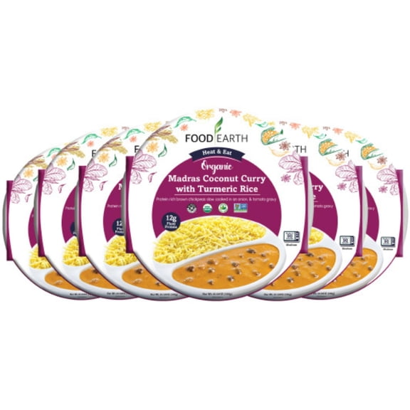 Food Earth - Organic Madras Coconut Curry with Turmeric Rice Ready to Eat Indian Meal , 100% Organic, Vegan, Gluten-Free, Heat & Serve,10.58 oz, 6 units Shelf Stable