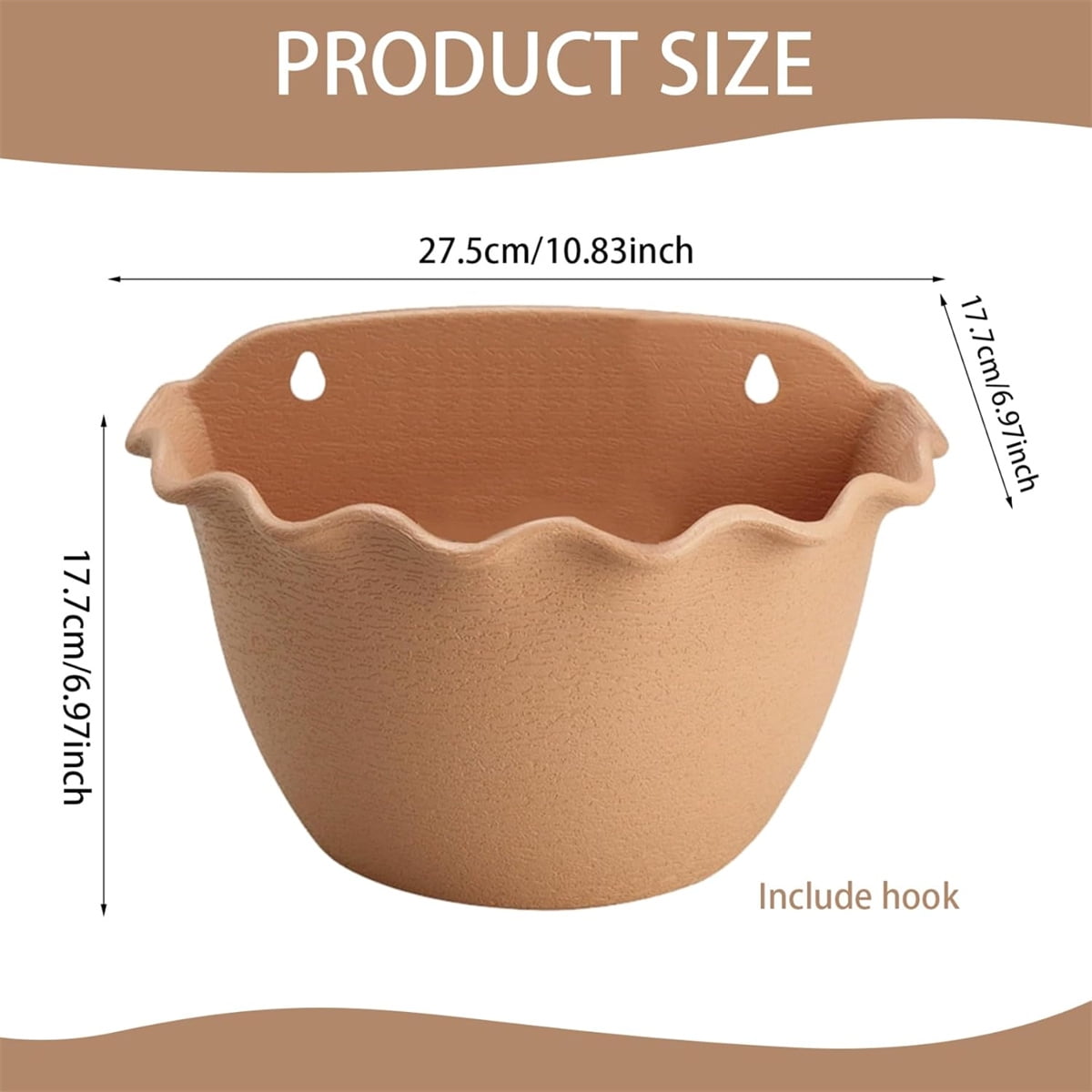 Hanging Planter with Hooks,Tutuviw 2Pcs Wall Mounted Wavy Edge Hanging Plant Pot,Chic Wave Style Wall Hanging Planter,Eco-Friendly Plastic Bucket Garden Pot for Railing Indoor Outdoor - Light Brown