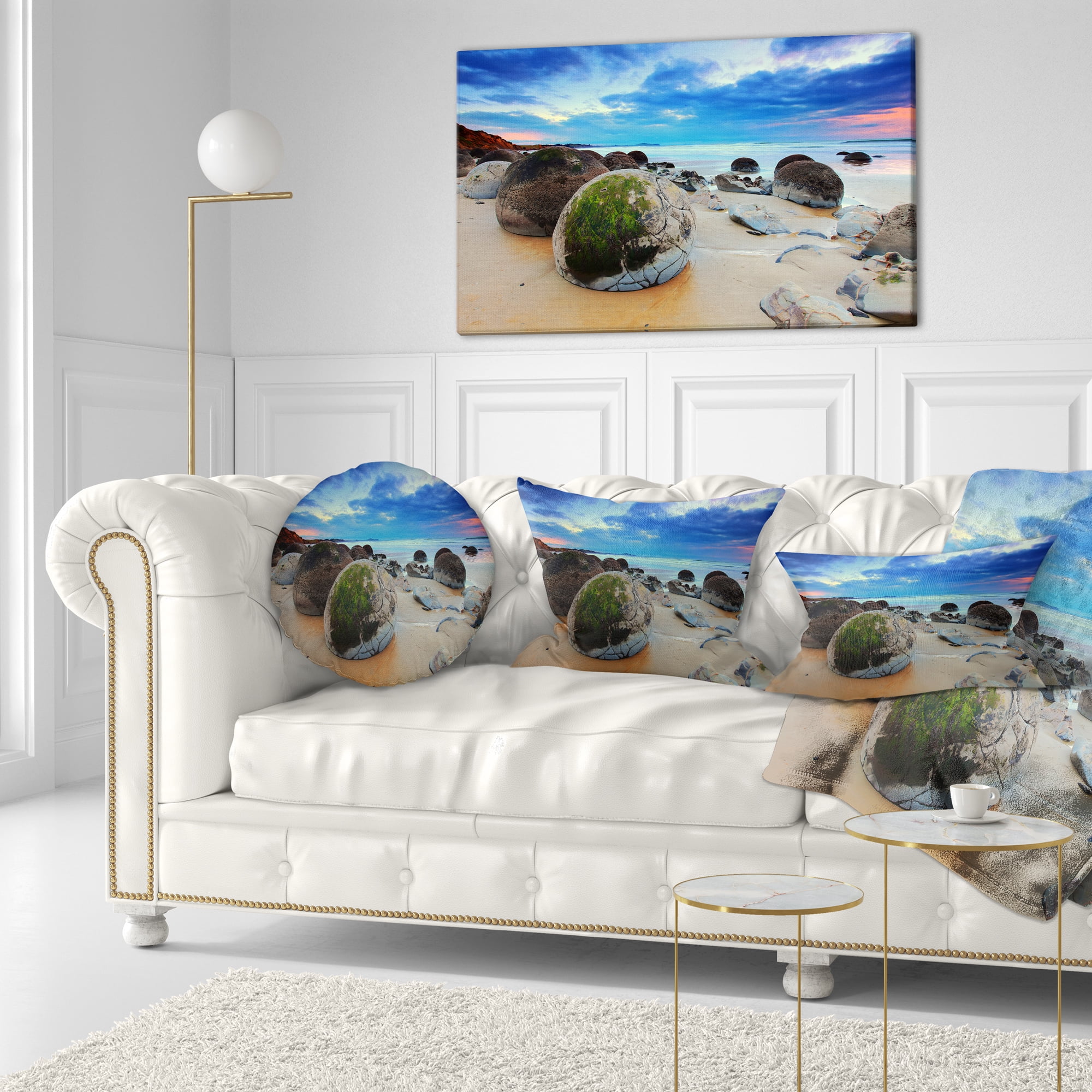 Designart Cloudy Sunrise Over Moeraki Boulders - Seashore Photo Throw Pillow - 12x20