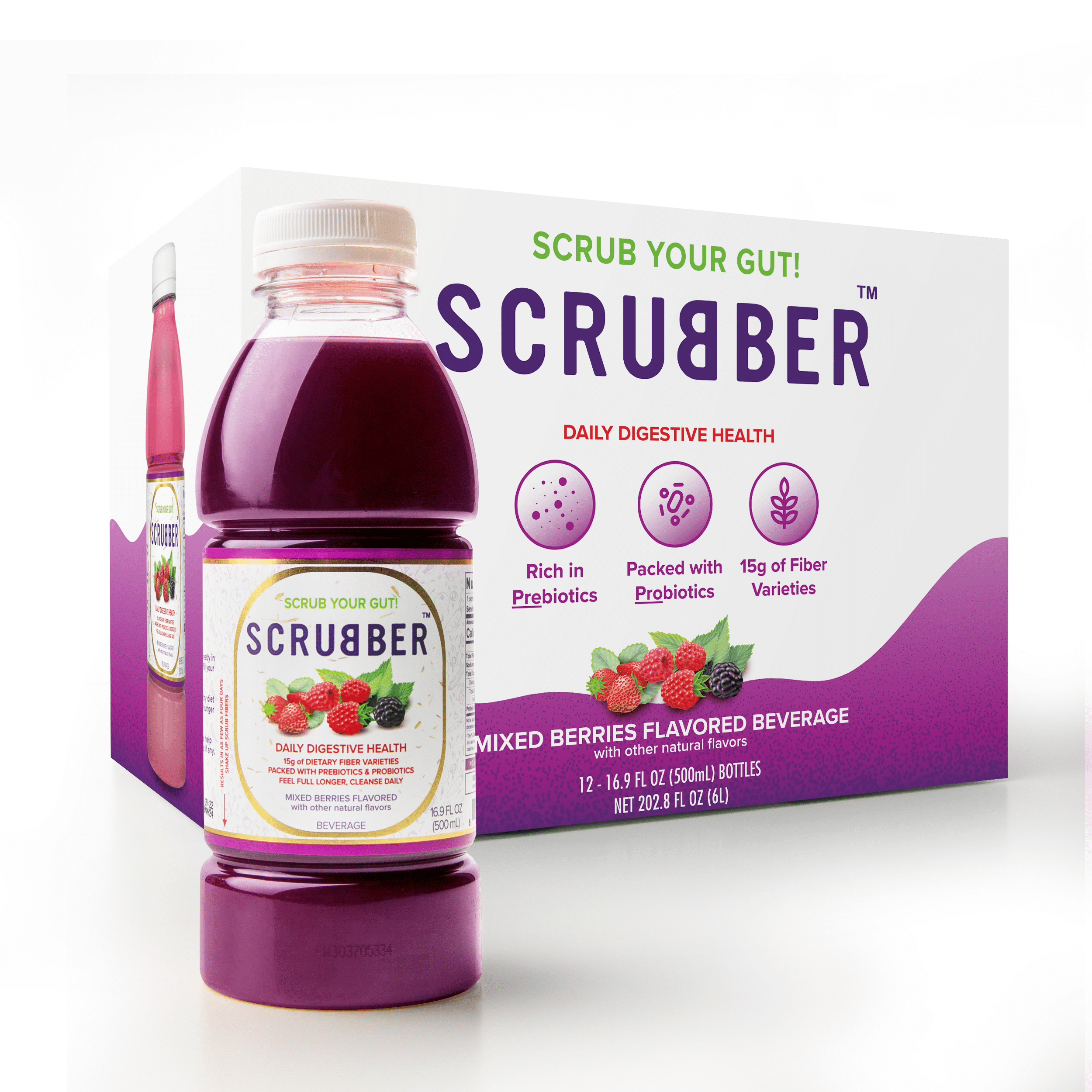 Scrubber Fiber-Infused Fruit Juice w/Probiotics + Prebiotics for Daily Digestive Health, Immune Support, Regularity & Weight. 16.9 OZ Natural Beverage, Mixed Berries, 12-Pack