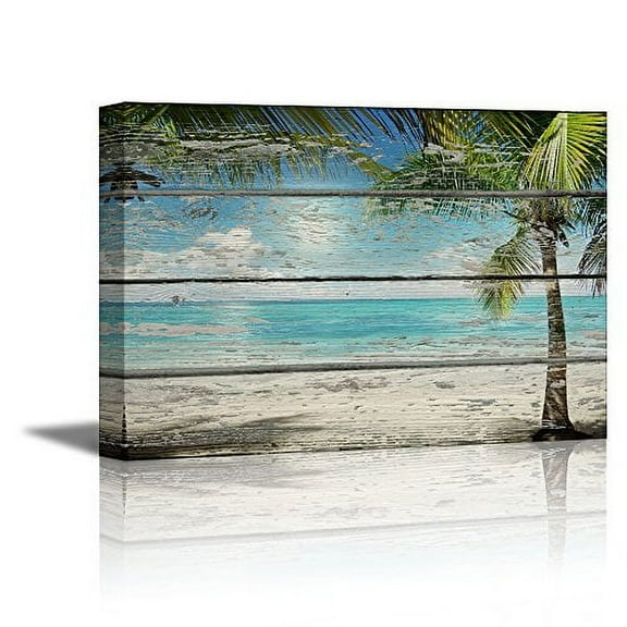 wall26 Canvas Print Wall Art Palm Tree & Blue Ocean on Wood Panels Marine Life Nature Photography Modern Art Nautical Scenic Relax/Calm Multicolor for Living Room, Bedroom, Office - 12"x18&q