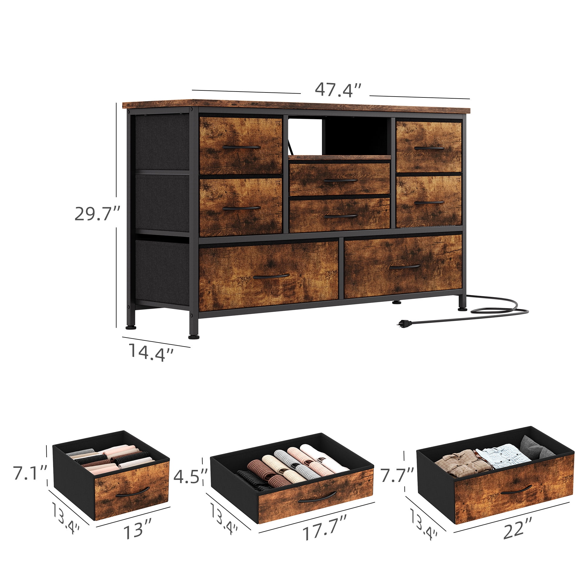 8 Dresser TV Stand with Power Outlet & LED for 55'' TV, Long Dresser for Bedroom with 8 Deep Drawers, Wide Console Table for Storage in Closet, Living Room, Entryway, Wood Top