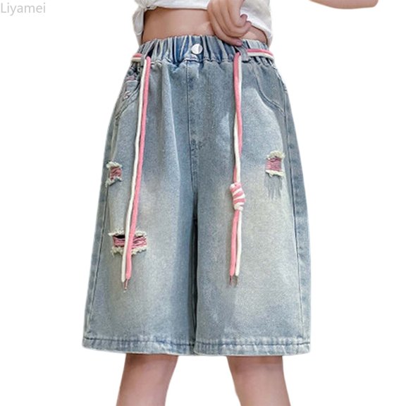 Liyamei Girls Distressed Denim Shorts with Loose Fit for Summer Style Size 5-16,Blue