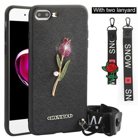 3d Pizza Cases For Iphone 4 Crystal 3D Jewel TPU Case with Lanyard and Hand Strap for iPhone 8 Plus / 7 Plus - Rose Black ()
