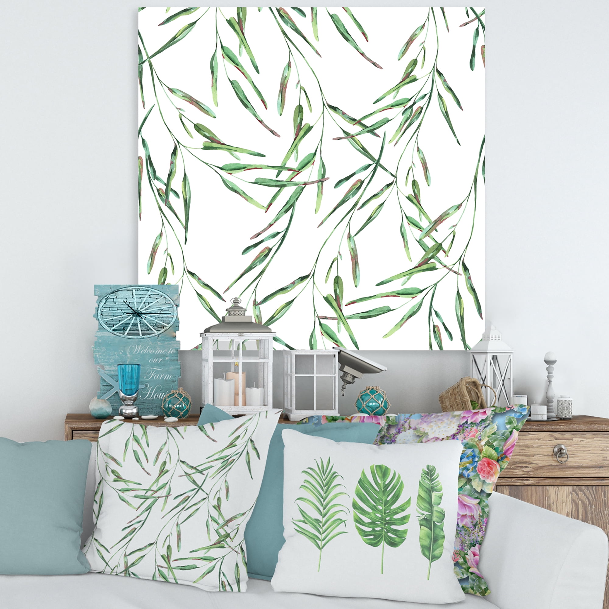 Designart ' Tropical Green Leaves On White In Summer Times II ' Tropical Canvas Wall Art Print