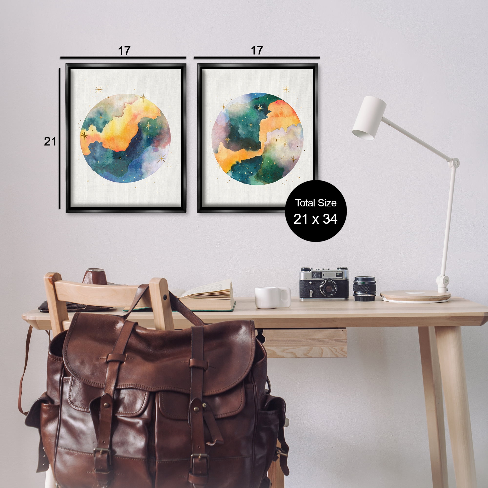 Stupell Industries Outer Space Round Galaxies Astrology & Stars Painting Black Floater Framed Canvas Art Print Wall Art, 17 x 21, Set of 2