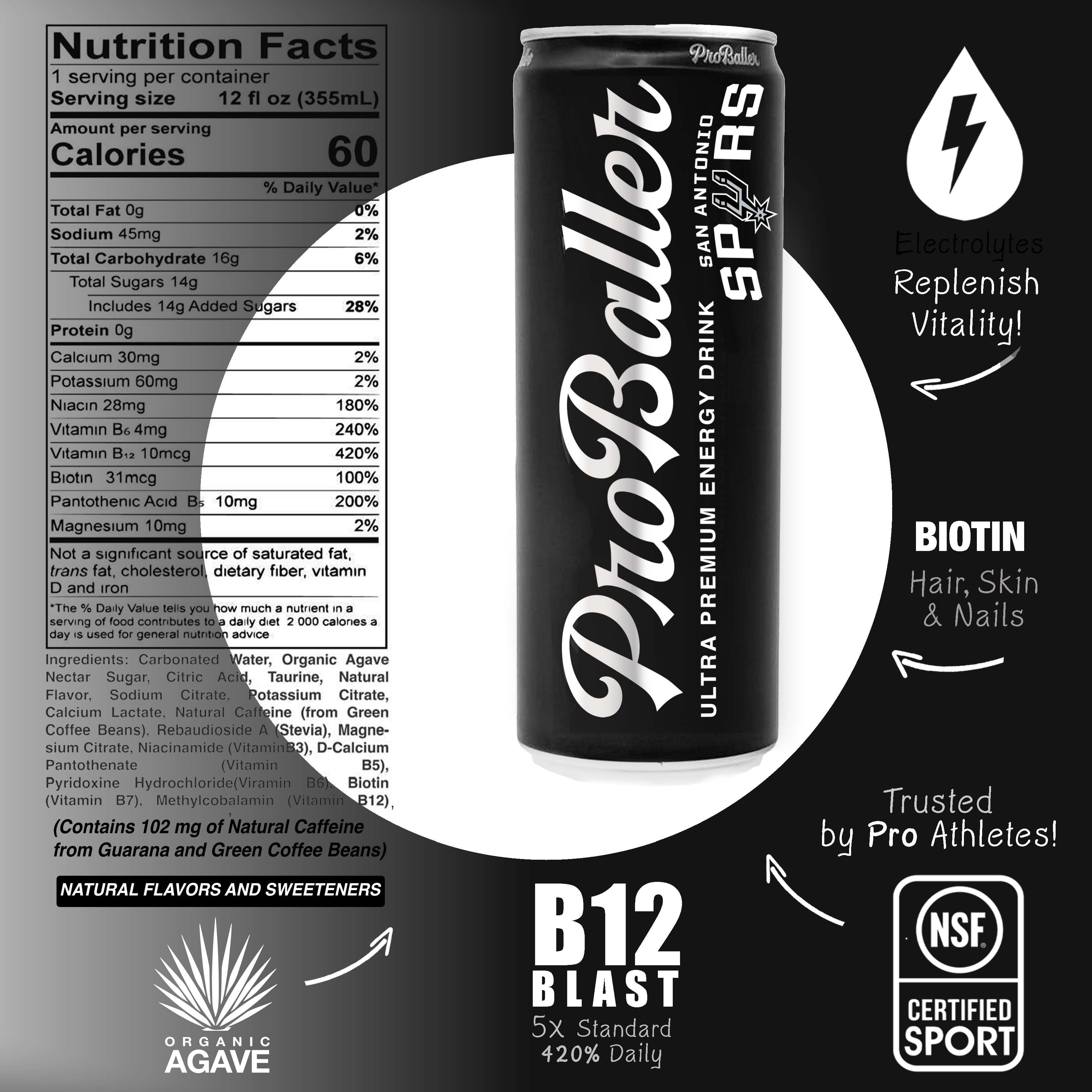 ProBaller Ultra Premium Energy Drink – SPURS Edition - NSF SPORT CERTIFIED- Natural Clean Energy with Biotin, Electrolytes, Essential B-Vitamins - B12 (Methylcobalamin) + more. 12 fl oz (pack of 15)