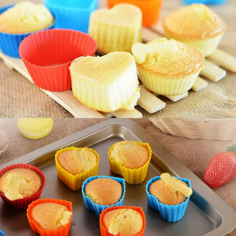 Silicone Cupcake Liners Reusable Baking Cups Nonstick Easy Clean Pastry Muffin  Molds 4 Shapes Round, Stars, Heart, Flowers, 24 Pieces Colorful