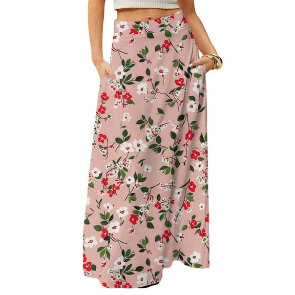 WULMLEO Long Skirts for Women Trendy Boho High Waisted Maxi Skirts with Pockets Floral Flowy Beach Vacation A Line Skirt Beige XL