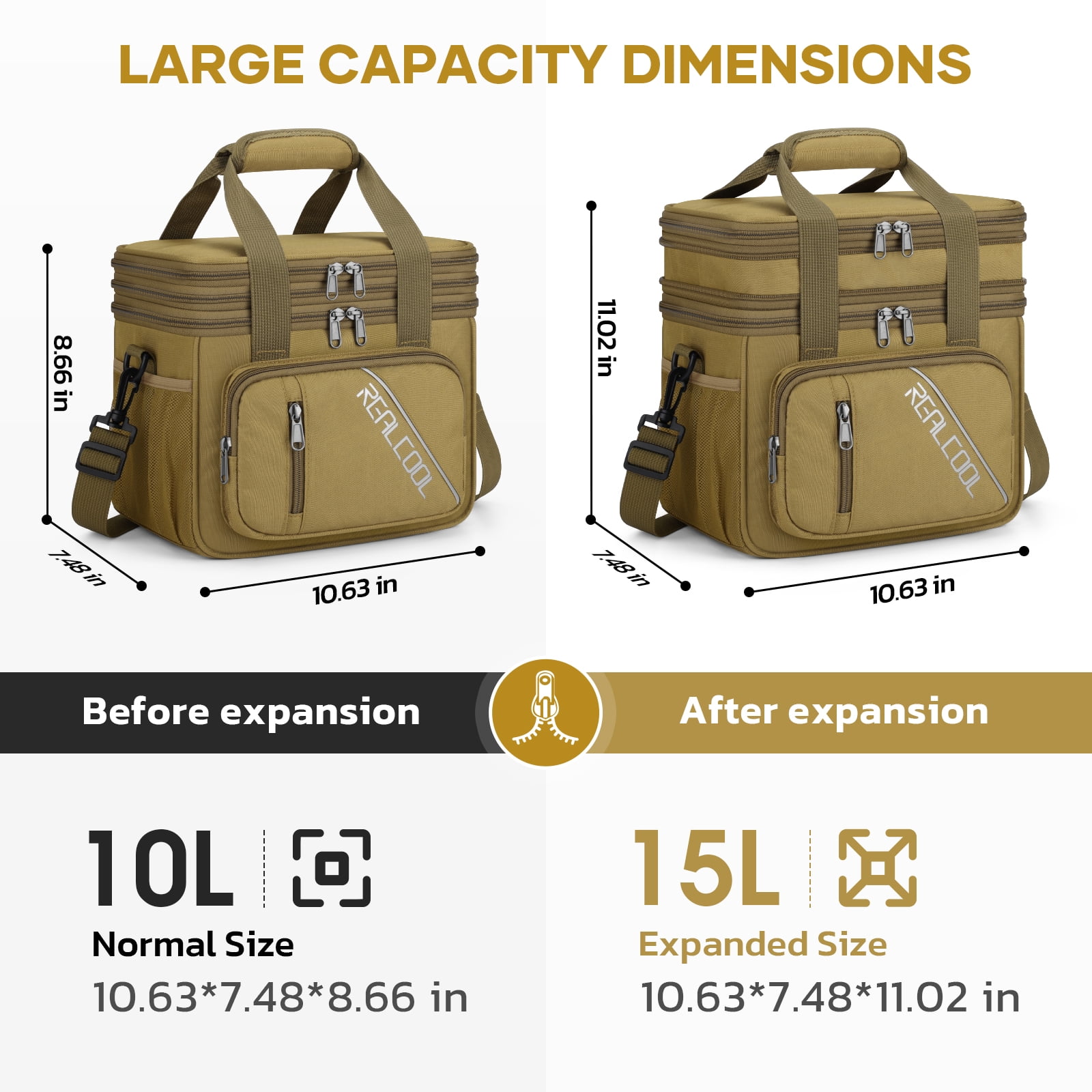 RealCool Lunch Bag, Insulated Lunch Box for Men Women, Double Deck Leakproof Soft Cooler Bag with Adjustable Strap, Lunchbox for Work, Camping Khaki