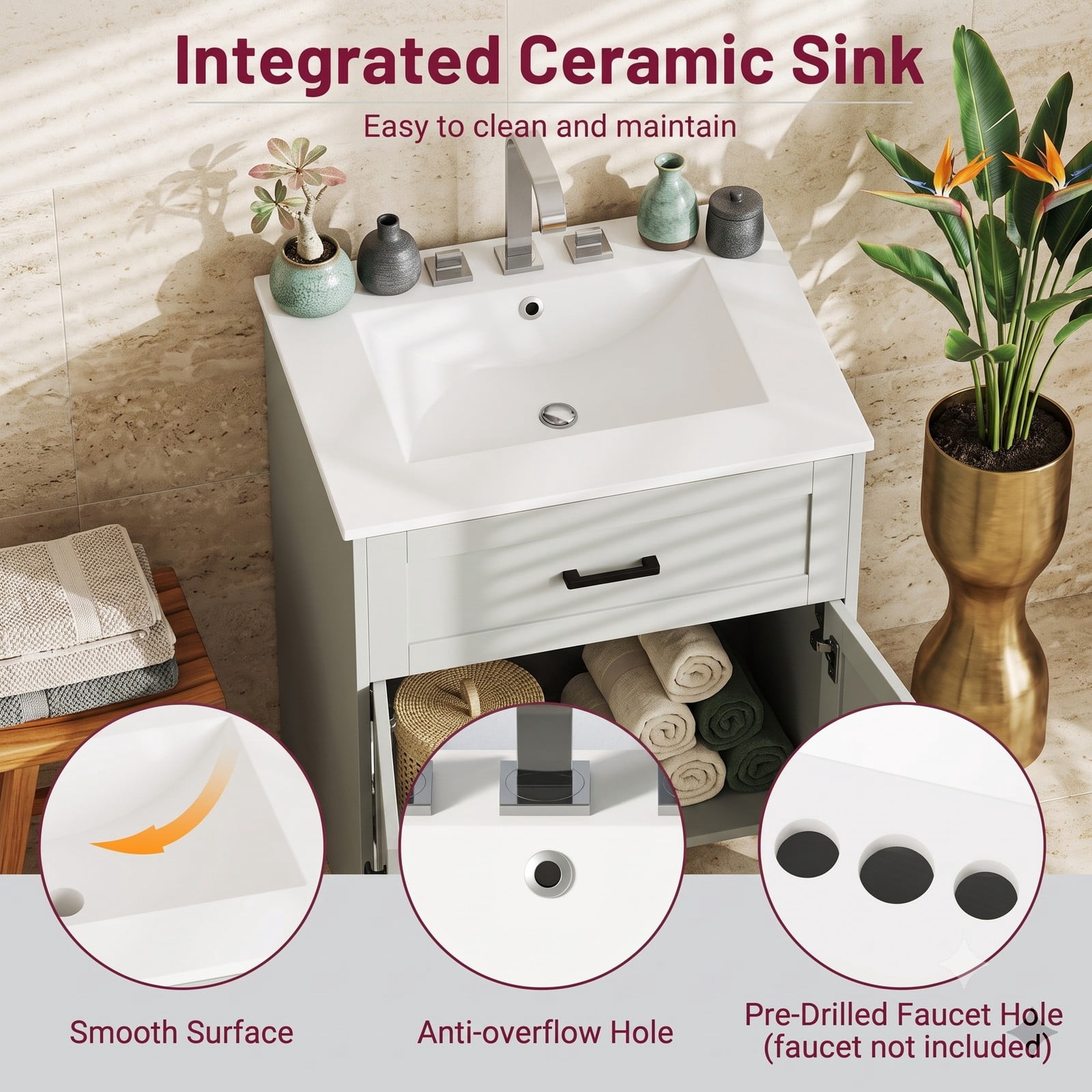 ALPULON Bathroom Vanity Unit with Ceramic Basin Sink, Freestanding 24 Inch Floor Standing Bathroom Vanity Cabinet with 2 Soft Close Doors and Pre-Drilled Faucet, Gray