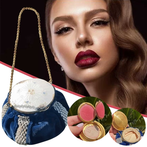 Neceser Vintage Compact | Estuche de maquillaje inspirado en la década de 1930 - Organizador Powder Rouge con espejo - Bolsillos de terciopelo azul - Estuche interior de metal brillante | Regalo de