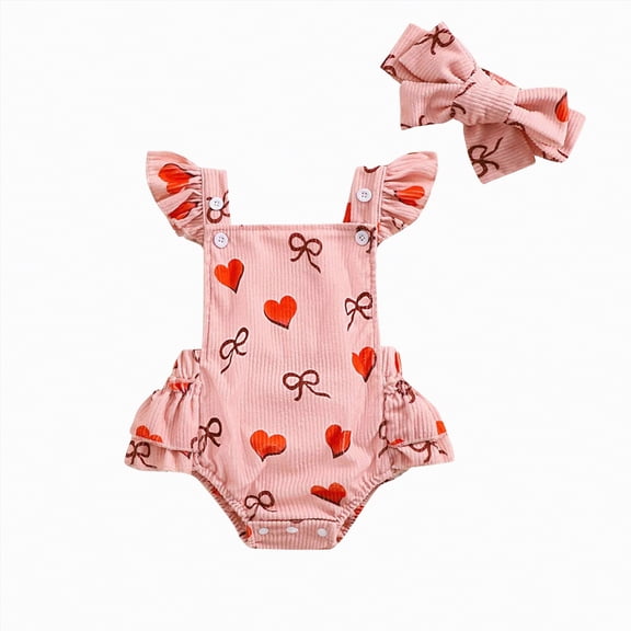 mgoYE Little Baby Girls 2Pcs Summer Outfits Fly Sleeve Heart Bow Flower Print Bodysuit with Headband Newborn Clothes(Red,3-6 Months)
