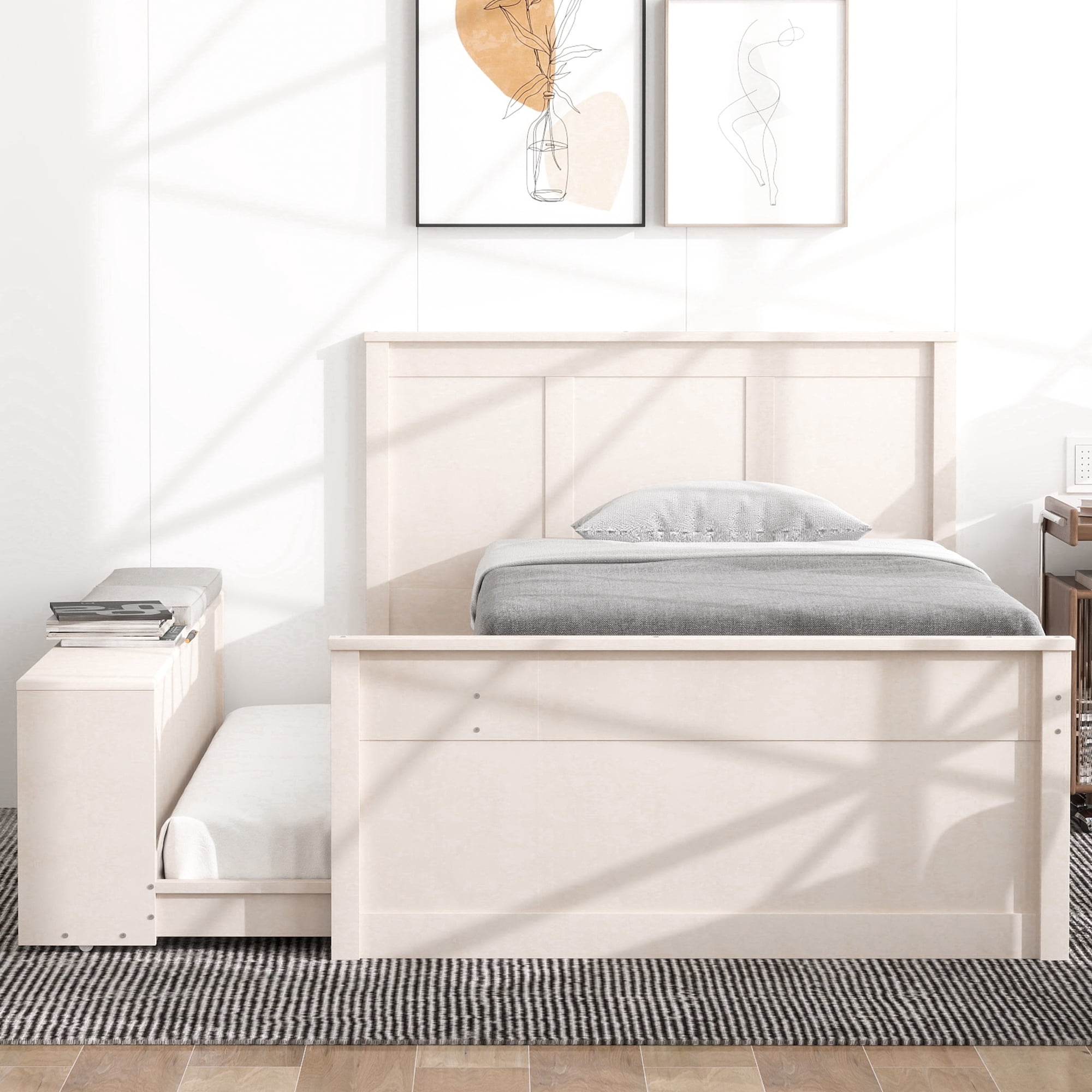 Mintazer Twin Platform Bed with Pull-Out Trundle, Modern Bookcase Bed with Storage Cabinet, No Box Spring Needed, White
