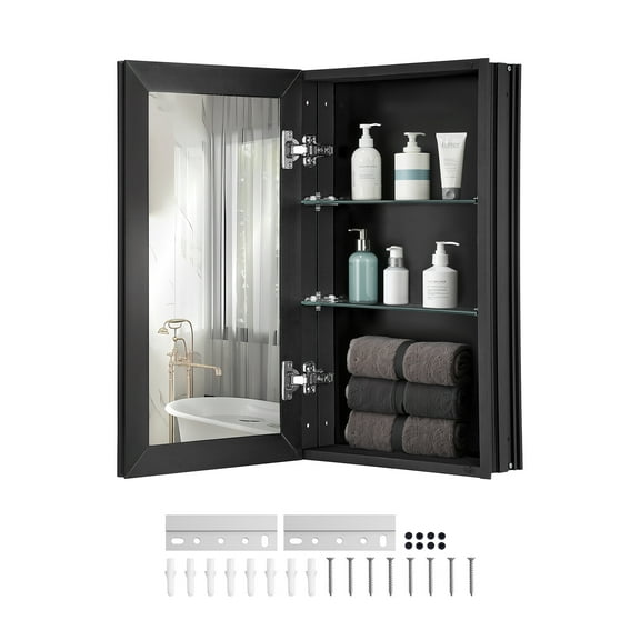 VEVOR Medicine Cabinet, 14 x 24 inches, Medicine Cabinet for Bathroom with Mirror, Aluminum Frame Bathroom Wall Cabinet, 2-layer Adjustable Shelves, Recessed & Wall-mounted Installation