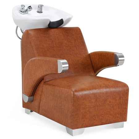 BarberPub Ceramic Bowl Backwash Shampoo Chair  Adjustable Modern Shampoo Sink Chair Hair Washing Station for Professional Shampoo Barbershop Home&Beauty Spa Salon 9102 (Brown)