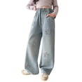 thumbnail image 2 of YMNXA Children Kids Girls Denim Pants Elastic Waist Wide Leg Straight Fit Appliques Comfortable Fashion Jeans Trousers With Pockets For Daily Wear,Light Blue,5-6 Years, 2 of 9