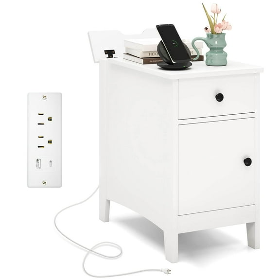 Sptwo | Flip Top End Table with Charging Station, Modern Side Table with Drawer, Storage Cabinet, USB Ports & Outlets, Narrow Nightstands for Small Spaces, Living Room, Bedroom