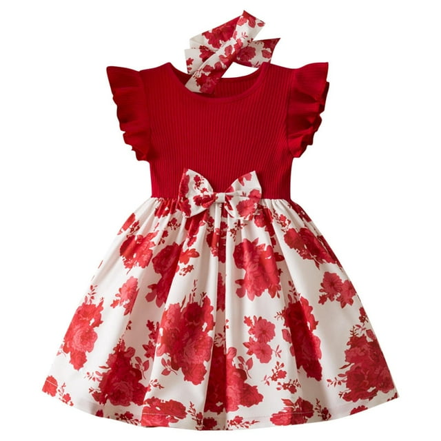 Yanlir Robe d'Été pour Filles Couleur Unie Manches Courtes Col Rond Ceinture Élastique avec Poches Robe Décontractée Confortable en Mélange de Coton pour Enfants (Rouge3,12 Mois)