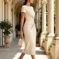 thumbnail image 6 of ClodeEU Women's Boat Neck Short Sleeve Side Ruched Waist Midi Bodycon Pencil Dress,Elegant Office Wedding Guest Sheath Dress Beige,Women's Plus L, 6 of 7