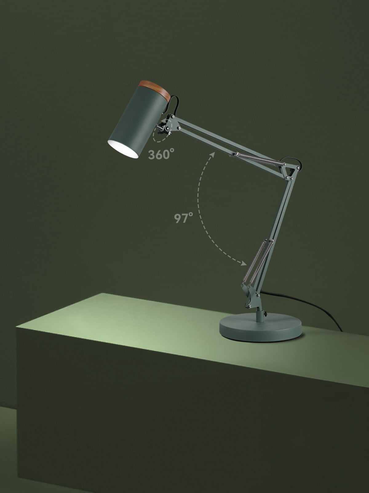 Adjustable Metal Table Lamp, Large Size Max Height 26", E26 Base, Swing Arm Desk Light with Wooden Accent, Dark Green