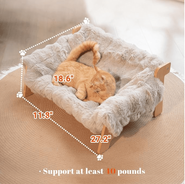 CheerPals Elevated Cat Couch Bed, Wooden Cats Sofa with Removable Washable Fluffy Cover Raised Kitty Lounge Chair Suitable for Puppy(Khaki)