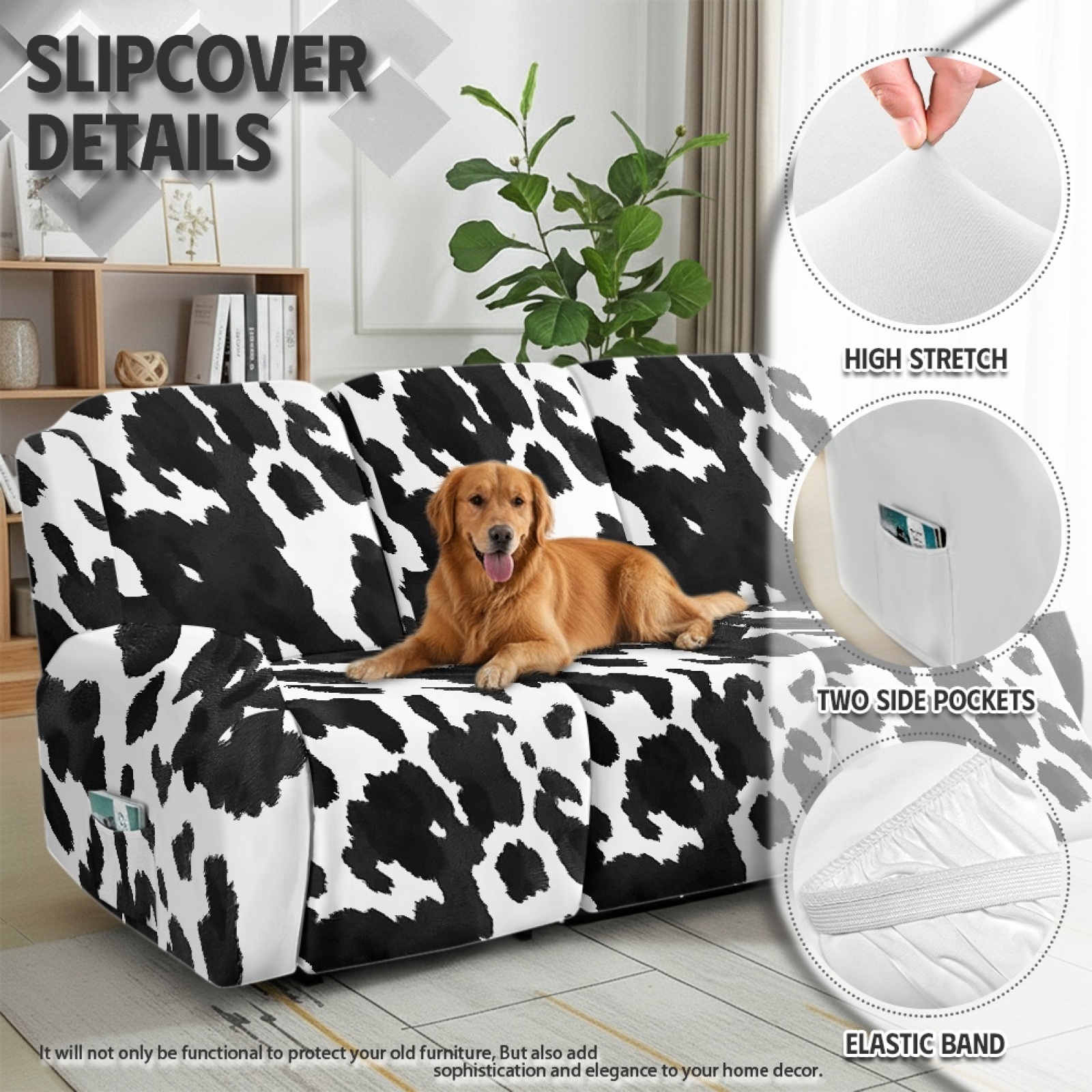COEQINE Reclining Sofa Cover Universal 3 Seater Stretch Sofa Recliner Cover 8 Pieces Recliner Couch Slipcover Polyester Furniture Protector for Kids, Pets, Black White Cow Print