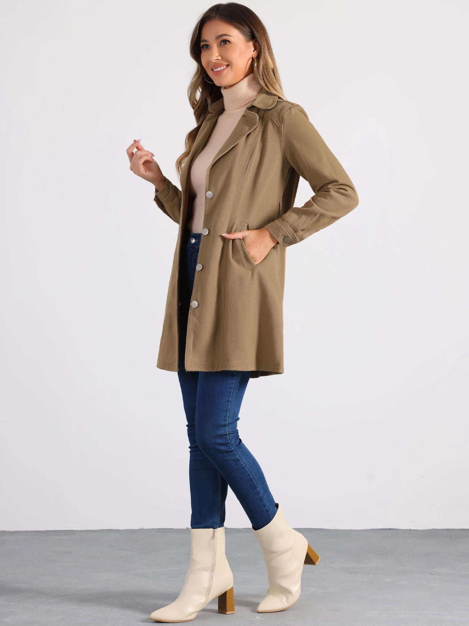 DARING DIVA Trench Jean Notched Lapel Long Sleeve Denim Jacket S Khaki