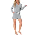 thumbnail image 2 of Conjuntos de lounge para mujeres INSPIRE CHIC, blusa de manga larga con cuello de muesca y botones, pantalones cortos, pijamas de 2 piezas con bolsillos, 2XL, gris, 2 of 6
