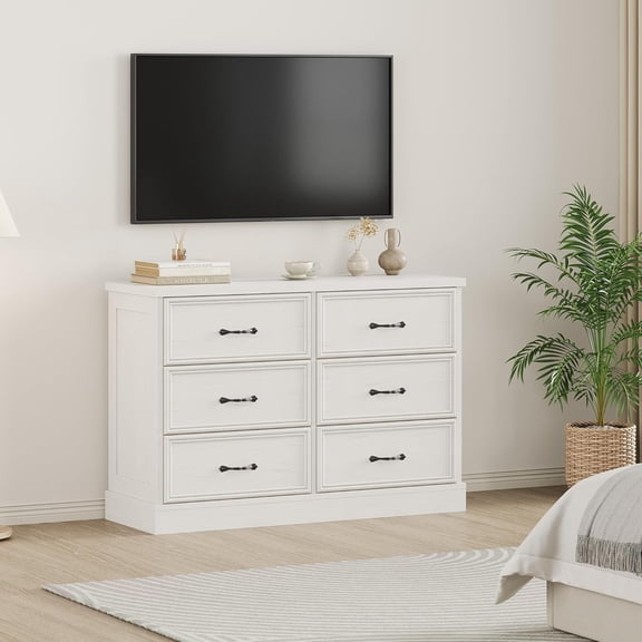 Farmhouse TV Stand for 75 Inch TV, Wooden Entertainment Center with 6 Storage Drawers and Open Shelves for Living Room,White