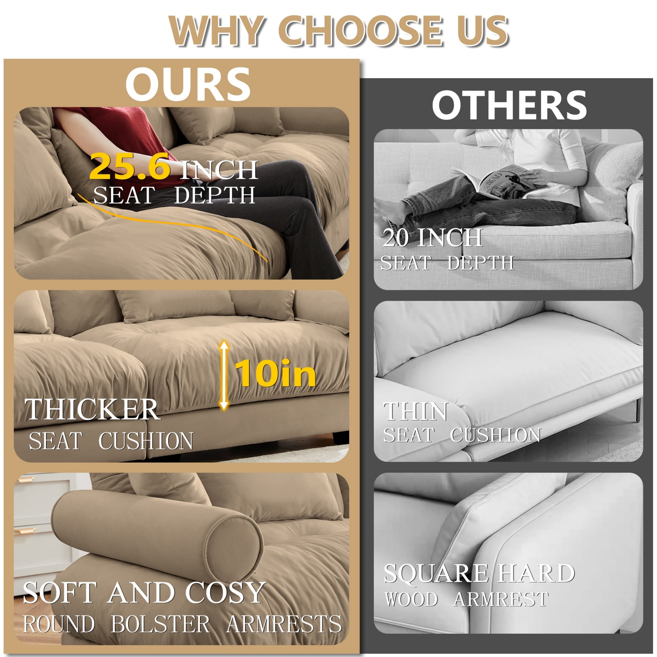 Amuille 93.7" Modular Sectional Sofa Velvet U Shaped Cloud Couch with 2 Movable Ottomans, Deep Seat Couch for Living Room, with Pillows, Camel