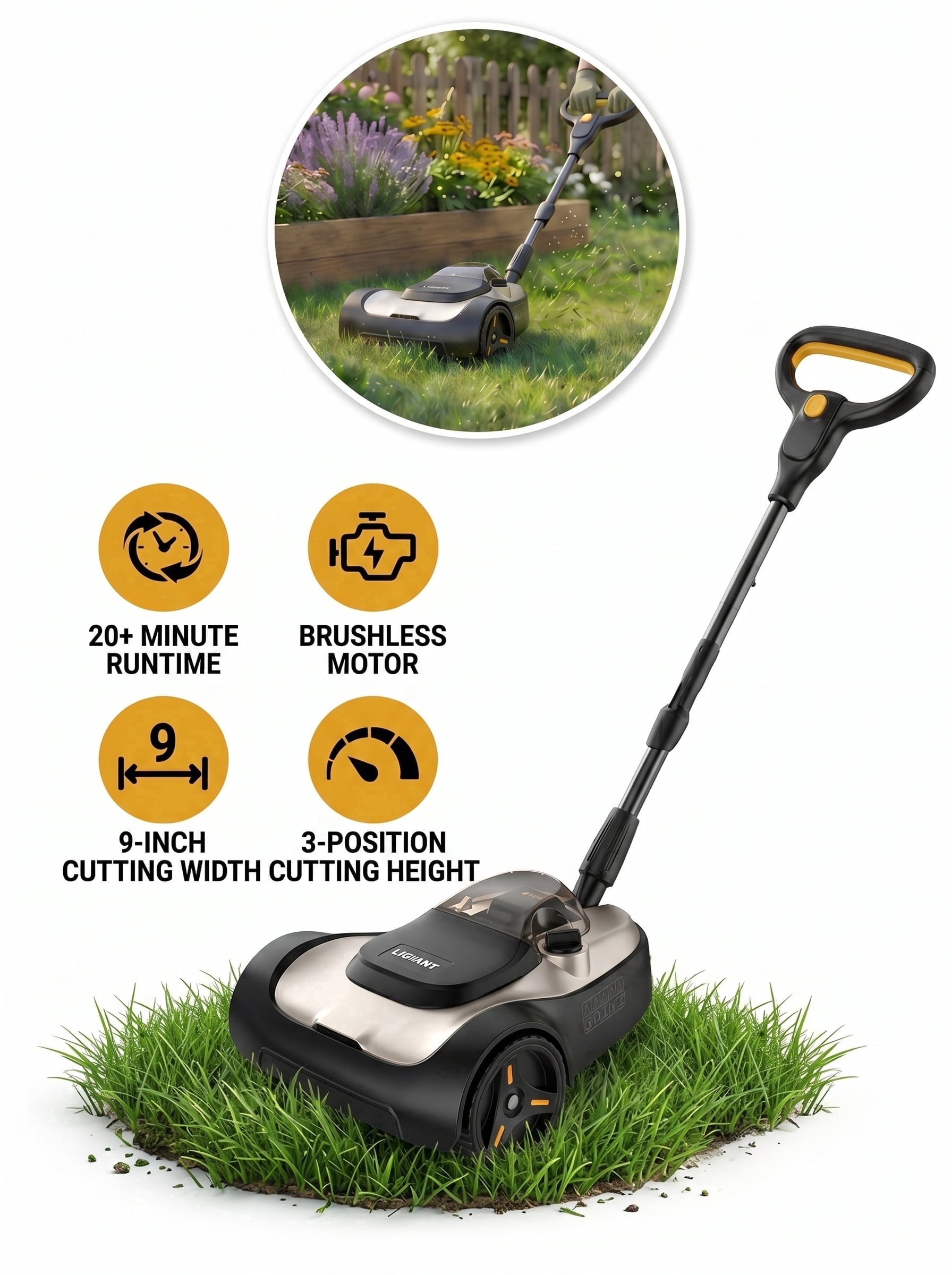 9-Inch Cordless Lawn Mower with 4.0Ah Battery & Charger, Brushless Electric Mower for Small Yards, 6000RPM High Speed, 3 Cutting Heights, Lightweight & Compact