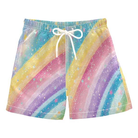 Kids' Soft & Stylish Beach Shorts 100% Quick-Dry Polyester Boys' Swim Board Shorts Glittery Rainbow Swim Trunks