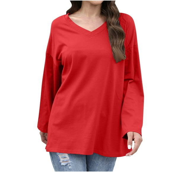 biudgviw Cotton Shirts for Women Drop Shoulder V Neck Basic Tees Oversized Casual Comfy Long Sleeve Tunic Tops Classic Fall Clothes
