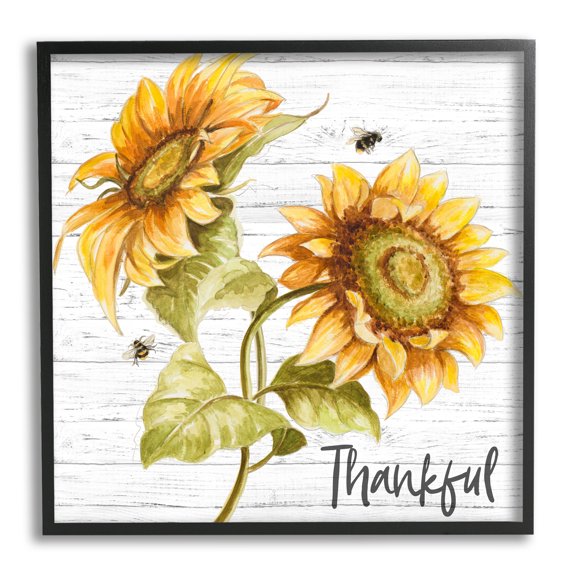 Stupell Industries Thankful Text Country Sunflowers Bumble Bees, 24 x 24,Design by Patricia Pinto
