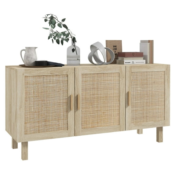 Sideboard Buffet Cabinet, Kitchen Cabinet, Coffee Bar Cabinet with 3 Rattan Doors and Adjustable Shelves, Natural Mixed