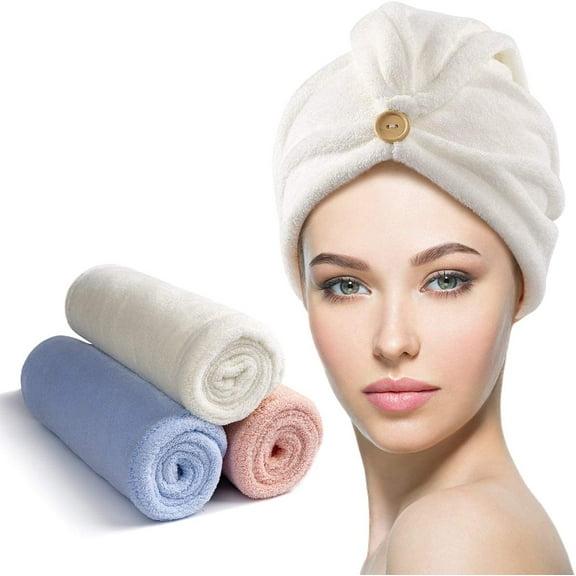 YFONG 3 Pack Hair Towel Wrap for Women with Button, Super Absorbent Microfiber Hair Towel for Wet Long Short Curly Hair, Soft Fast Drying Hair Turban Towel Anti Frizz(Blue, Pink, White)