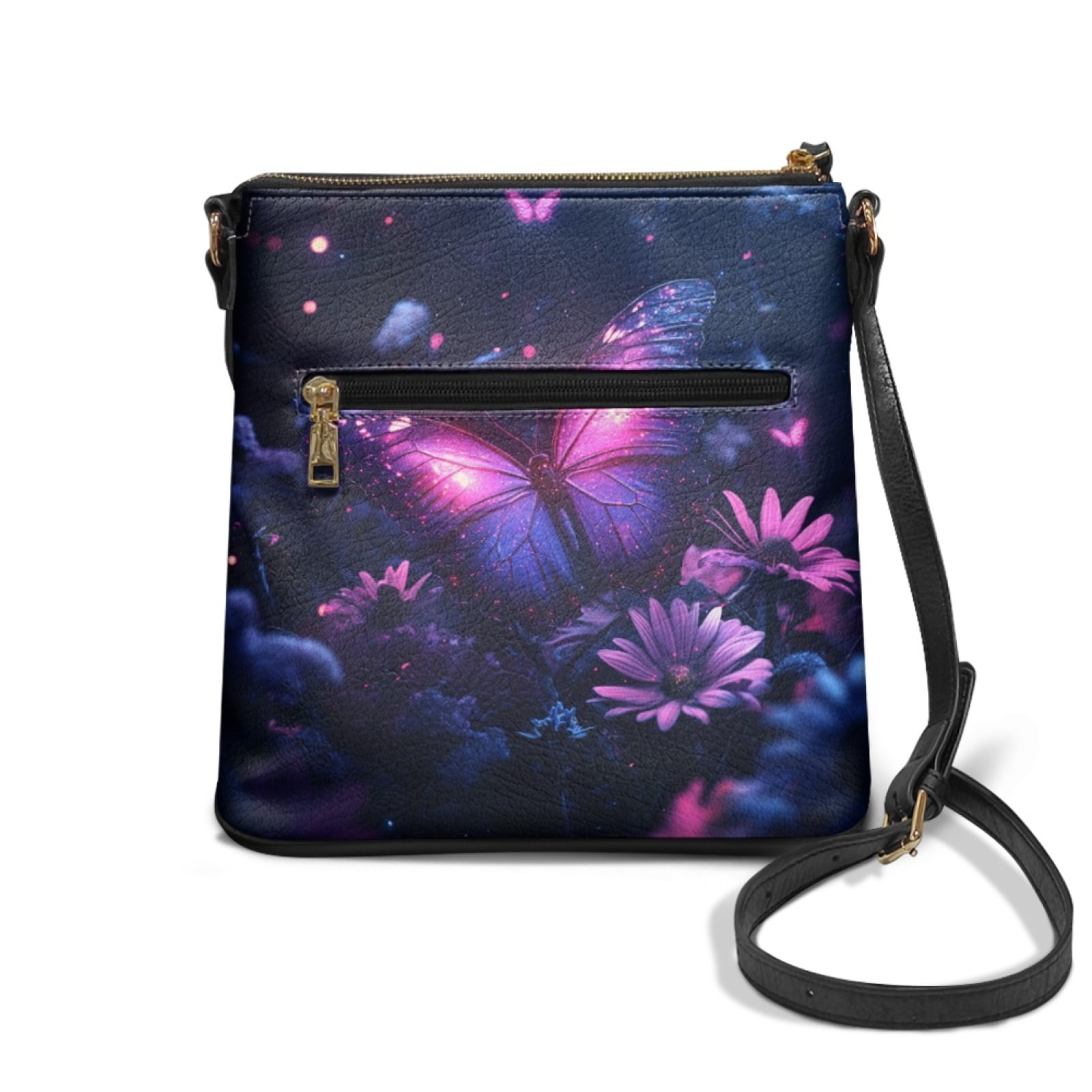 LedBack Butterfly Print Crossbody Bags for Women Leather Cross Body Purses Shoulder Bag Medium Size Satchel Purse Hobo Bag with Zipper Pocket, Purple
