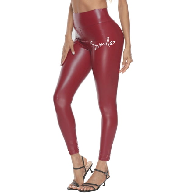 Aayomet Pantalon en Cuir Noir Imprimé Respirant Ajusté pour Femmes, Rouge L