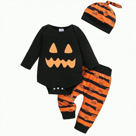 CAUYDY Toddler Baby Boys Halloween Outfits 2pcs Fall Clothes Long Sleeve Pumpkin Sweatshirt and Pants Sets(Black,12-18 M)